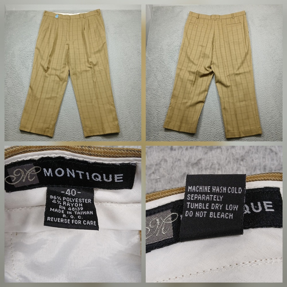 Montique Plaid Dress‎ Pants Men's 40 Tan Brown Pleated Cuffed Vintage USA